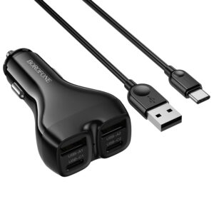 Borofone automobilinis įkroviklis BZ35 Leader - 2 x Typ C + 2 x USB - PD 30W su kabeliu USB į Typ C juodos spalvos - Image 2