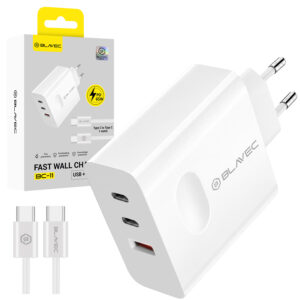 Blavec laidinis įkroviklis BC-11 GaN - USB + 2xTyp C - QC PD 65W 3A z kablem Typ C į Typ C (TCBC11G-U2CW653A) baltos spalvos