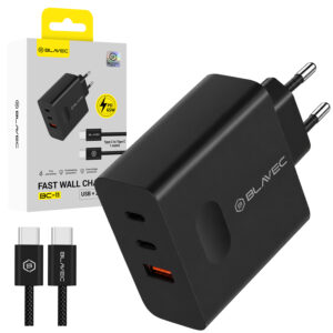 Blavec laidinis įkroviklis BC-11 GaN - USB + 2xTyp C - QC PD 65W 3A z kablem Typ C į Typ C (TCBC11G-U2CB653A) juodos spalvos