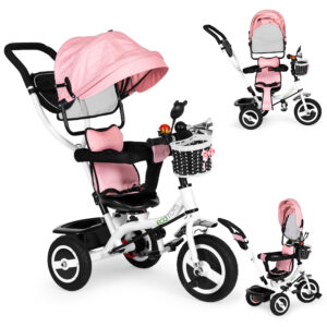 Triratis su besisukančiu stogeliu, patvariais guminiais ratais, rožinis ECOTOYS