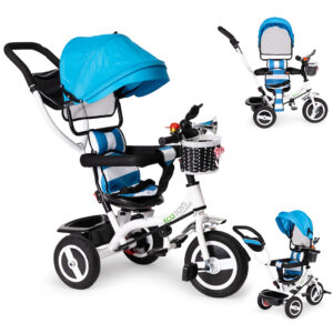 Triratis su besisukančiu stogeliu, patvariais guminiais ratais, mėlynas ECOTOYS