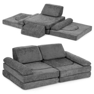 Sulankstoma modulinė sofa vaikams, didelė, 2 vietų, „pasidaryk pats“ (DIY), 10 minkštų pagalvėlių, šenilo audinys – pilka ECOTOYS