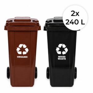 2 šiukšliadėžių rinkinys 2x240L juodos rudos spalvos buitinėms atliekoms BIO su guminiais ratukais
