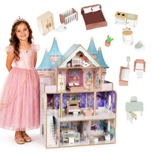 Medinis lėlių namelis Bella Castle, 4 aukštai, 5 kambariai, 15 baldų ECOTOYS