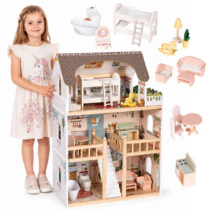 Medinis lėlių namelis Laura, 3 aukštai, 5 kambariai, 15 baldų ECOTOYS
