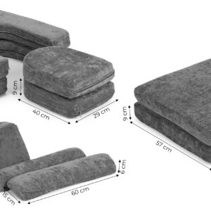 Sulankstoma modulinė sofa vaikams, didelė, 2 vietų, „pasidaryk pats“ (DIY), 10 minkštų pagalvėlių, šenilo audinys – pilka ECOTOYS - Image 10