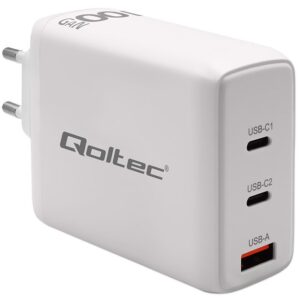 Qoltec 51826 GaN 100W įkroviklis| 5-20V | 1,5-5A | 2 x USB-C PD | 1x USB QC 3.0
