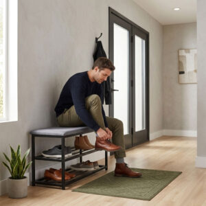 Apmuštas batų suoliukas su sėdyne 80 cm, 2 lentynos, ModernHome - Image 2