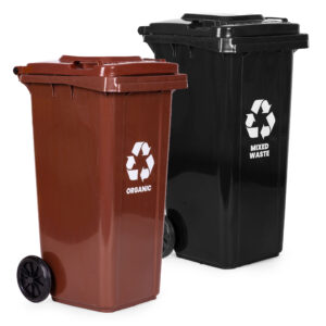 2 šiukšliadėžių rinkinys 2x240L juodos rudos spalvos buitinėms atliekoms BIO su guminiais ratukais - Image 2