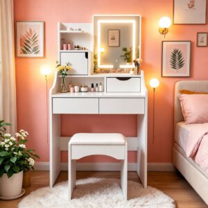 Kosmetinis staliukas su veidrodžiu ir LED apšvietimu, 3 šviesos spalvos, lentynos, stalčiai, kėdutė ModernHome - Image 2