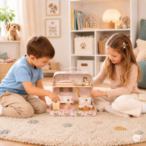 Lėlių namelis lagaminėlyje, dviaukštis, su mediniais baldais, 20 priedų rinkinys ECOTOYS - Image 2