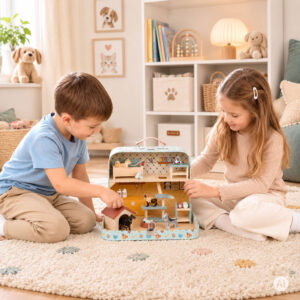 Gyvūnų prekių parduotuvė lagamine, dviaukštė, mediniai baldai, 23 priedų rinkinys ECOTOYS - Image 2