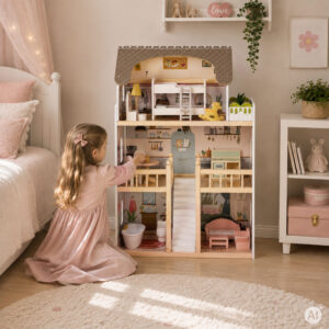 Medinis lėlių namelis Laura, 3 aukštai, 5 kambariai, 15 baldų ECOTOYS - Image 2