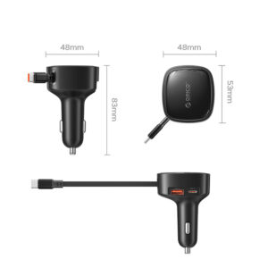 Orico FC-66-1A2C 66W Car Charger with Built-in Retractable USB-C Cable - juodos spalvos - Image 2