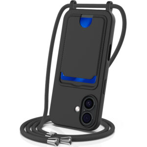 iPhone 17 TPU Case with Card Holder and Crossbody Lanyard - juodos spalvos