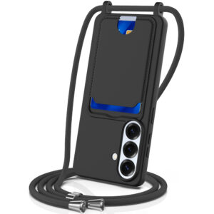 Samsung Galaxy S26 TPU Case with Card Holder and Crossbody Lanyard - juodos spalvos