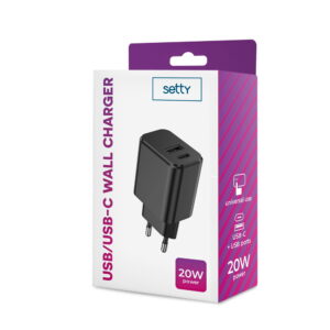 Setty įkroviklis 1x USB + USB-C 3A 20W juodas - Image 6
