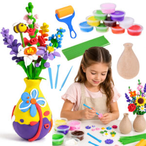 Kūrybinis 28 dalių „pasidaryk pats“ gėlių gaminimo rinkinys su modelinu ir vaza ZA6414