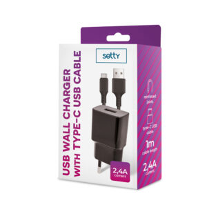 Setty įkroviklis 1x USB 2,4A juodas + USB-C laidas 1,0 m NAUJAS - Image 3