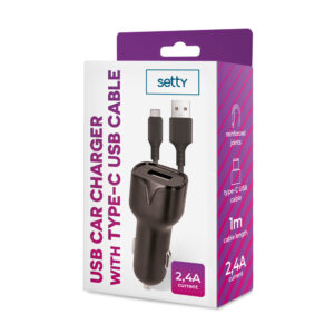 Setty automobilinis įkroviklis 1x USB 2,4A juodas + USB-C laidas 1,0 m - Image 4