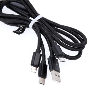 Maxlife 3in1 laidas USB - Lightning + USB-C + microUSB 1,0 m 2,1A juodas nailoninis - Image 2