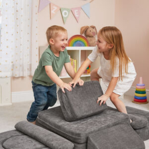 Sulankstoma modulinė sofa vaikams, didelė, 2 vietų, „pasidaryk pats“ (DIY), 10 minkštų pagalvėlių, šenilo audinys – pilka ECOTOYS - Image 3