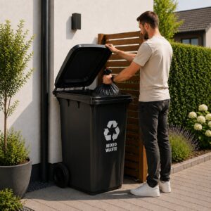 2 šiukšliadėžių rinkinys 2x240L juodos rudos spalvos buitinėms atliekoms BIO su guminiais ratukais - Image 3