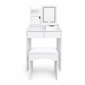 Kosmetinis staliukas su veidrodžiu ir LED apšvietimu, 3 šviesos spalvos, lentynos, stalčiai, kėdutė ModernHome - Image 3