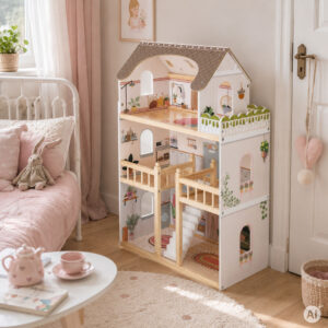 Medinis lėlių namelis Laura, 3 aukštai, 5 kambariai, 15 baldų ECOTOYS - Image 3