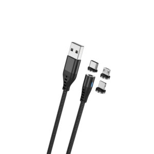Maxlife MXUC-02 magnetinis laidas USB - Lightning + USB-C + microUSB 1,0 m 2A juodas nailoninis
