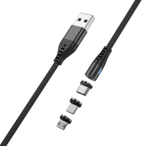 Maxlife MXUC-02 magnetinis laidas USB - Lightning + USB-C + microUSB 1,0 m 2A juodas nailoninis - Image 2