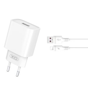 XO sieninis įkroviklis CE02D QC 3.0 18W 1x USB baltas + Lightning laidas