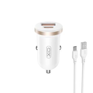 XO automobilinis įkroviklis CC56 PD 30W QC 1x USB 1x USB-C baltas + USB - USB-C laidas