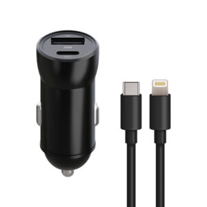 Maxlife MXCC-04 PD QC automobilinis įkroviklis 1x USB-C 1x USB 20W juodas + USB-C – Lightning laidas 27W