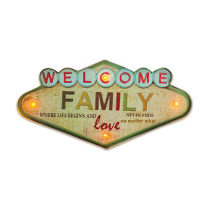 RETRO metalinė iškaba LED „Welcome Family Forever“ šviestuvas