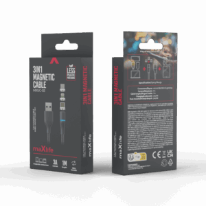 Maxlife MXUC-03 magnetinis laidas USB – Lightning + USB-C + microUSB 1,0 m 3A juodas nailoninis - Image 8