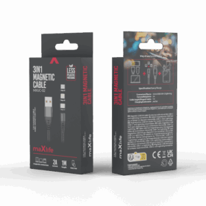 Maxlife MXUC-02 magnetinis laidas USB - Lightning + USB-C + microUSB 1,0 m 2A juodas nailoninis - Image 7
