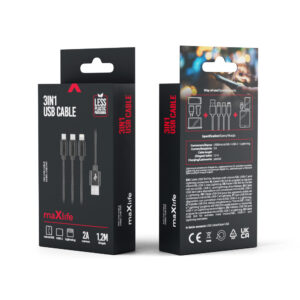 Maxlife 3in1 laidas USB - Lightning + USB-C + microUSB 1,0 m 2,1A juodas nailoninis - Image 7