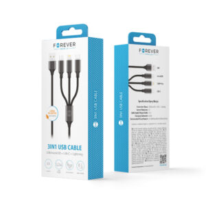 Forever 3in1 laidas USB - Lightning + USB-C + microUSB 1,2 m 2A juodas - Image 3