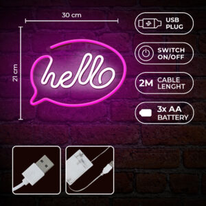 Neoninis LED šviestuvas HELLO rožinis baltas šikšnosparnis + USB FLNE15 Forever Light - Image 6