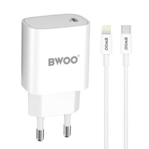 BWOO CDA159 PD sieninis įkroviklis 20W 1x USB-C jungtis + Lightning baltas