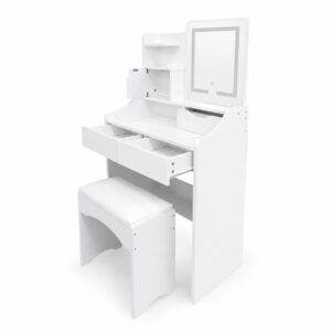 Kosmetinis staliukas su veidrodžiu ir LED apšvietimu, 3 šviesos spalvos, lentynos, stalčiai, kėdutė ModernHome - Image 4