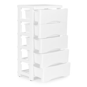 Lentynų blokas su 5 ištraukiamais stalčiais ir ratukais, baltas, ModernHome - Image 4