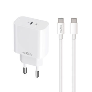 Maxlife MXTC-06-20C PD QC įkroviklis 1x USB-C 20W baltas + USB-C - USB-C laidas 20W