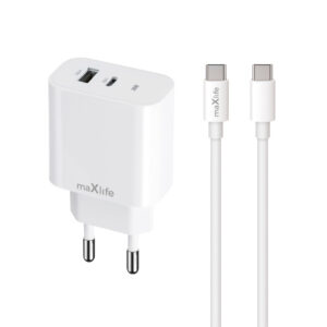 Maxlife MXTC-06-20AC PD QC įkroviklis 1x USB-C 1x USB 20W baltas + USB-C - USB-C laidas 20W