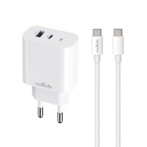 Maxlife MXTC-06-30AC PD QC įkroviklis 1x USB-C 1x USB 30W baltas + USB-C - USB-C laidas 60W
