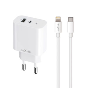 Maxlife MXTC-06-20AC PD QC įkroviklis 1x USB-C 1x USB 20W baltas + USB-C - Lightning laidas 20W