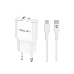 Forever TC-01-20AC PD QC įkroviklis 1x USB-C 1x USB 20W baltas + USB-C - USB-C laidas 20W