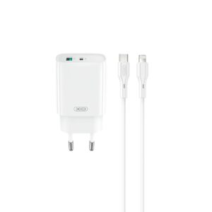 XO sieninis įkroviklis CE30 PD 30W 1x USB-C 1x USB baltas + laidas USB-C - Lightning