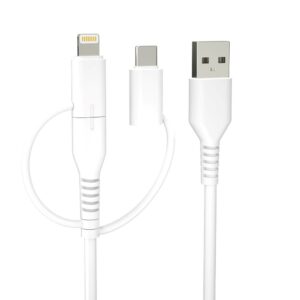 „Forever“ perdirbto plastiko laidas 3-in-1 1,5 m 2,4 A USB-A – USB-C + microUSB + „Lightning“ KR3W1-00 baltas